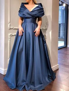 Satin V-neck Banquet Dress, Blue V-neck Dress For Banquet, V-neck Gown For Prom, Floor-length V-neck Bridesmaid Dress, V-neck Bridesmaid Gown, Satin V-neck Evening Dress For Banquet, Long V-neck Dress For Wedding, Banquet Satin V-neck Evening Dress, Blue Satin V-neck Gown