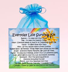 a blue bag with the words everyday life survival kit on it and a rainbow in the background