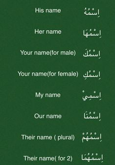 the names of two different languages in english and arabic on a green background with white writing