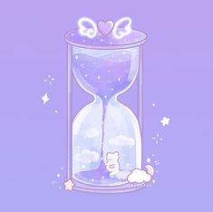 an hourglass with a bear inside and stars on the side, in front of a purple background