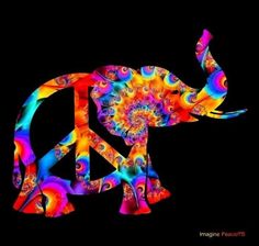 an elephant made out of different colors on a black background with the word peace written in it