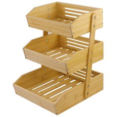 three wooden shelves stacked on top of each other, with one shelf holding two trays