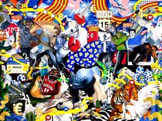 a collage of many different types of animals and people in the same image, all grouped together