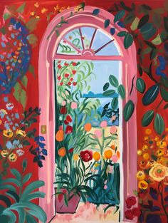 a painting of an open window with flowers and plants