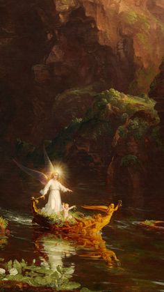 a painting of a woman on a boat in the water surrounded by plants and rocks