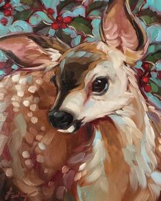 a painting of a deer with berries on it's head