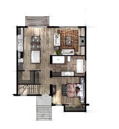 the floor plan for a small apartment with stairs and living room, kitchen, dining area