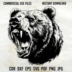 an image of a grizzly bear with its mouth open and the words, commercial use files instant download