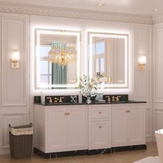 a large bathroom with two sinks, mirrors and a tub in front of the bathtub