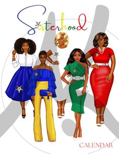 three women in different outfits standing next to each other with the word sisterhood on it