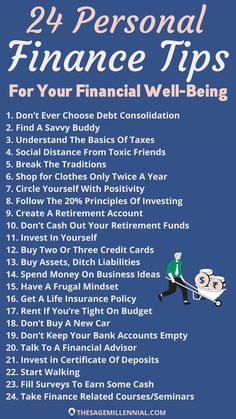 a blue poster with the words 24 personal finance tips for your financial well - being