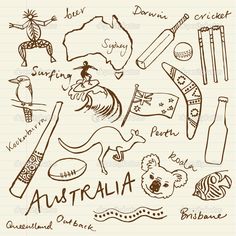 australia doodles on lined paper with the country names and symbols in brown ink stock photo