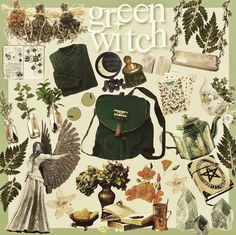 the green witch book cover is surrounded by various items