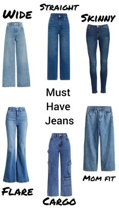 Types of jeans you must have Jeans You Must Have, Outfit Ideas For Skinnies Girl, Essential Jeans Women, Types Of Pants For Women With Names, Different Jeans Types, Basic Jeans Must Have, Jeans Must Have, Jean Types Chart, Perfect Jeans For Your Body Type