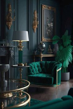 an elegant living room with green velvet furniture and gold trimmings on the walls