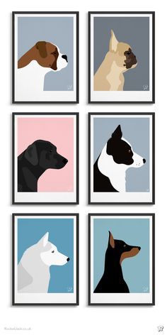 four different types of dogs are featured in this set of four framed art printables