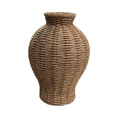 a large wicker vase is shown on a white background with the bottom half turned down