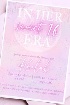 a pink and white party card with the words in her sweet 16 karaoke on it