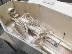 a wooden box with a skeleton in it on top of a table next to some tools