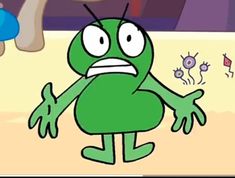 a green cartoon character standing in front of a sink with an evil look on his face