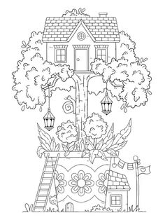 a house in the garden with trees and flowers on it coloring page for children to color