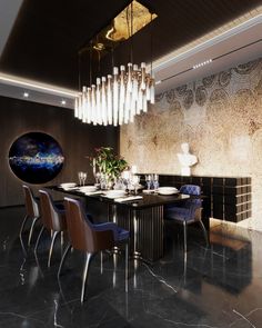 an elegant dining room with marble flooring and chandelier hanging from the ceiling