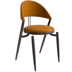 an orange chair with black legs and a brown seat cushion on the back of it