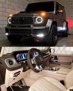 the inside and outside view of a mercedes g - class with its interior lights on