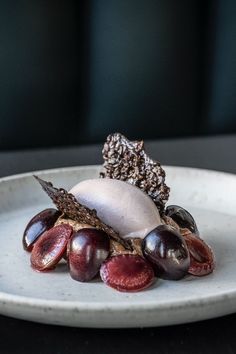 a white plate topped with an ice cream and chocolate dessert on top of it's side