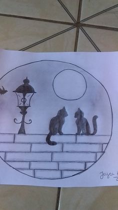 a drawing of two cats sitting on top of a brick wall next to a lamp post