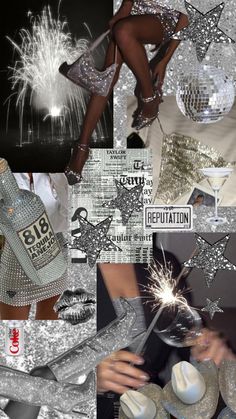 a collage of silver and white items including hats, sparklers, shoes, and bottles