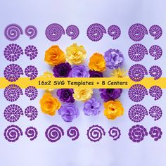 purple, yellow and orange flowers are arranged in the shape of spirals on a white background