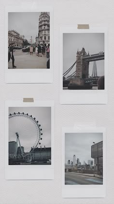 four polaroid photographs of the london eye and tower bridge in black and white, with people walking around