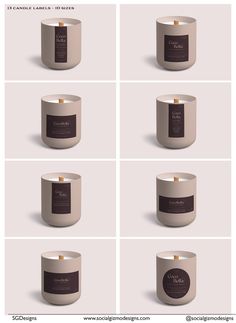 four different images of candles with labels on them