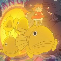 a cartoon character standing on top of two fish in front of a group of other characters