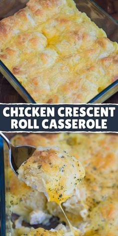 chicken crescent roll casserole is being lifted from the casserole dish with a spoon