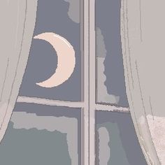 an image of a moon seen through a window with the curtains open in front of it