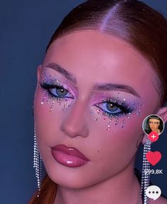 Facial Jewels Makeup, Rhinestone Wing Makeup, Night Luxe Makeup, Gold Butterfly Makeup, Diamond Eye Makeup Jewels, Jeweled Makeup Looks, Rine Stone Makeup, Tangled Makeup, Rave Eye Makeup