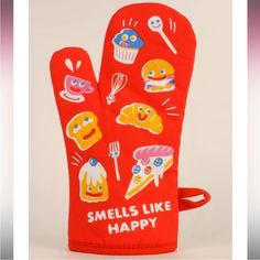 an oven mitt that says smellless like happy with images of food on it