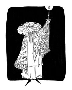 a black and white drawing of a woman holding a lit candle in her right hand