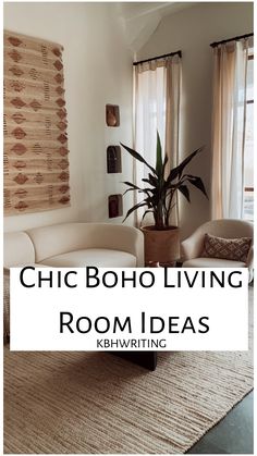 Chic bohemian living room with woven wall art, a large plant, and cozy seating.