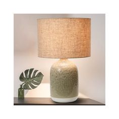 a table lamp sitting on top of a wooden table next to a green potted plant