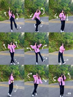 a woman in pink jacket and black pants doing various poses on the side of road