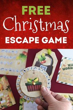 a hand holding a christmas escape game with the title overlaying it's image