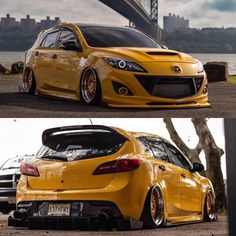 two pictures of the same yellow car in front of a bridge and on the other side