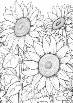 sunflowers are shown in this black and white drawing