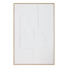 an abstract painting with lines and shapes in white, on a beige frame against a white background