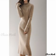 Olivia Mark - Premium Merino Wool Half-Turtleneck Knitted Dress for Sophisticated Layering and Knee-Length Elegance Warm Skirts, Woolen Dress, Merino Wool Dress, Long Skirt Casual, Wool Knitted Dress, Bodycon Sweater Dress, Cashmere Outfits, Long Knitted Dress, Cashmere Dress