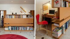 there are two pictures of the same room in this house, one with bookshelves and stairs