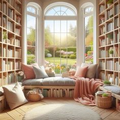 a living room filled with lots of books and furniture next to a large window covered in windows